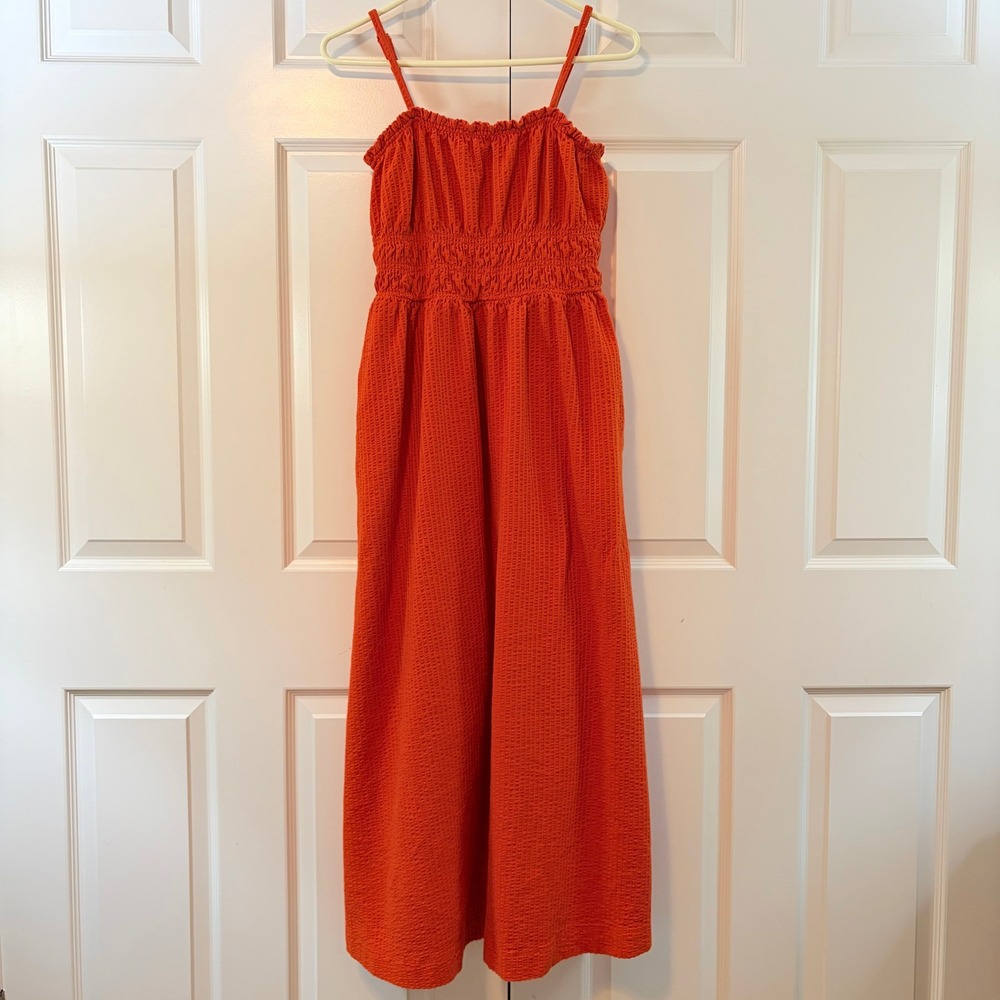 LOFT Orange Seersucker Smocked Adjustable Strap Midi Dress Womens Medium